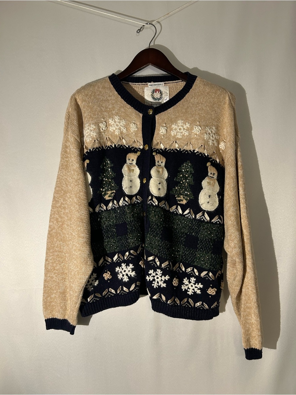 Vintage Hsnd Embroidered Snowman Cardigan Sweater - Beige & Navy